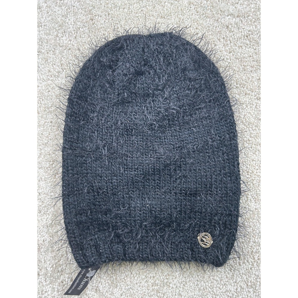 Chuns Hat Beanie‎ Womens Black Fuzzy Knit Soft Winter Cozy Warm Logo New
